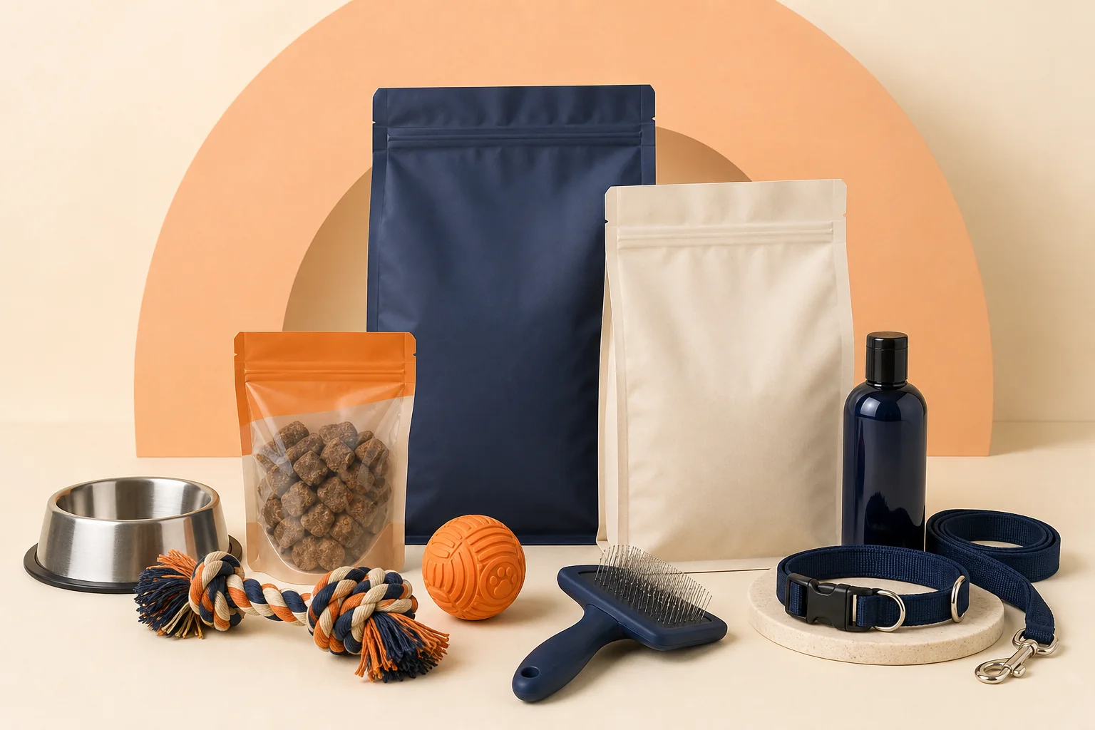 An unbranded assortment of pet food, treats, toys, feeding and grooming essentials